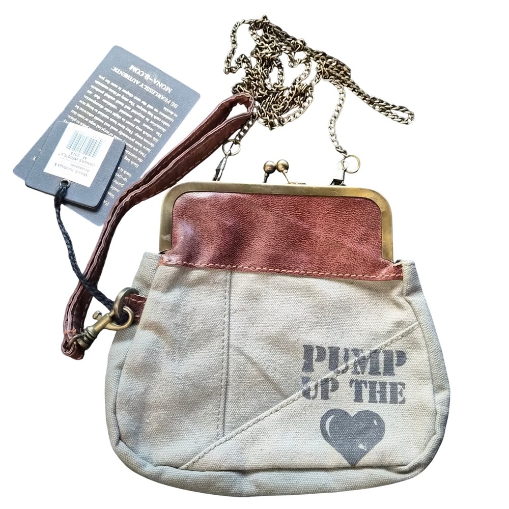 Mona B Canvas Wristlet Crossbody Bag Pump Up The Heart Kiss Lock Tan Brwn M-3025